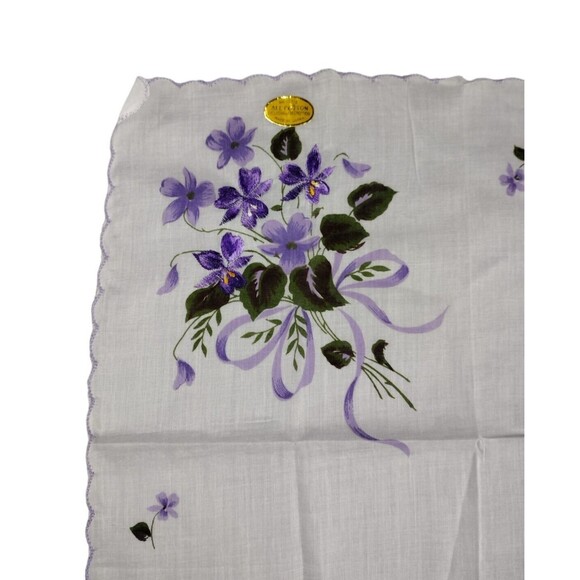 VTG Womens Cotton Handkerchief White Embroidered Purple Iris Scalloped Edge NOS - Picture 2 of 5